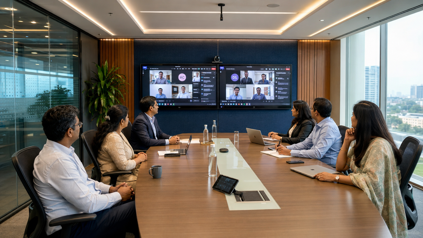 AV integration cost in Bangalore — modern boardroom with Indian executives and dual displays installed by Vantage Systems