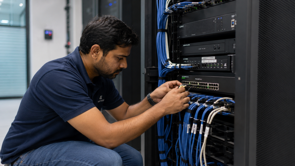 Indian AV technician working on structured cabling — hidden costs in AV integration projects in Bangalore