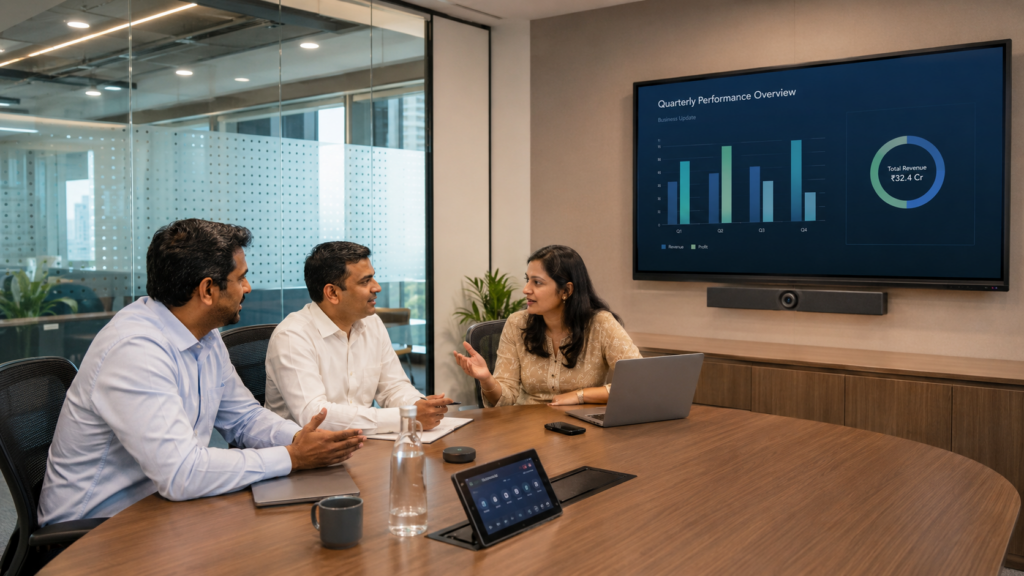 AV integration cost in Bangalore — Indian professionals collaborating in a corporate conference room