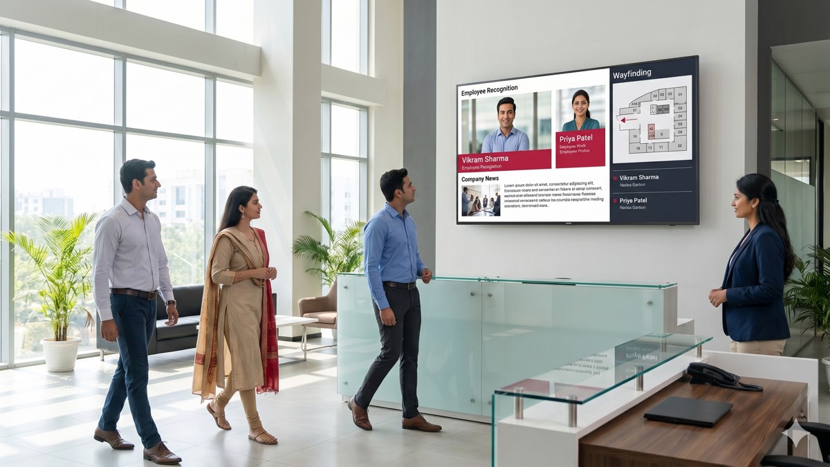 Digital signage ROI in a Bangalore corporate office reception — Indian employees viewing company announcements on an LG commercial display