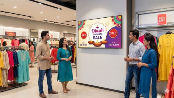 Digital signage ROI in a Bangalore retail store — Indian customers viewing promotional content on a Samsung commercial display