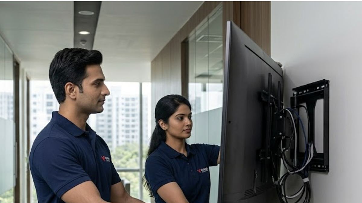 Vantage Systems digital signage installation in Bangalore — Indian AV team setting up commercial displays for a corporate office