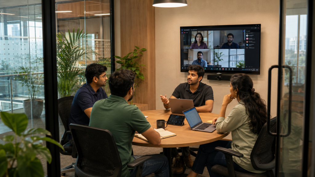 Huddle room AV setup in Bangalore — Indian tech team on a Microsoft Teams video call with Logitech Rally Bar Mini