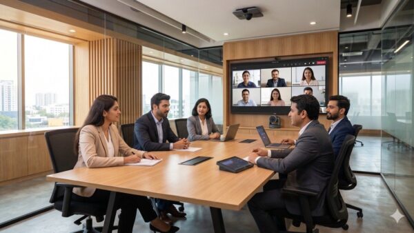 Hybrid meeting room AV setup in an Indian office — Indian team meeting in-person with remote attendees visible on display