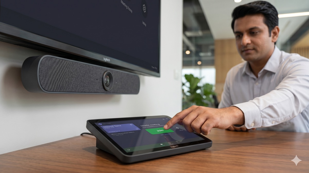 Hybrid meeting room equipment checklist — Logitech Rally video bar, ceiling microphones, touch controller, and large display in a Bangalore office