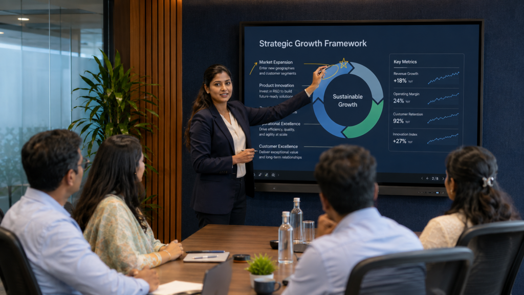 Indian woman presenting on 75-inch interactive flat panel display — AV integration in Bangalore