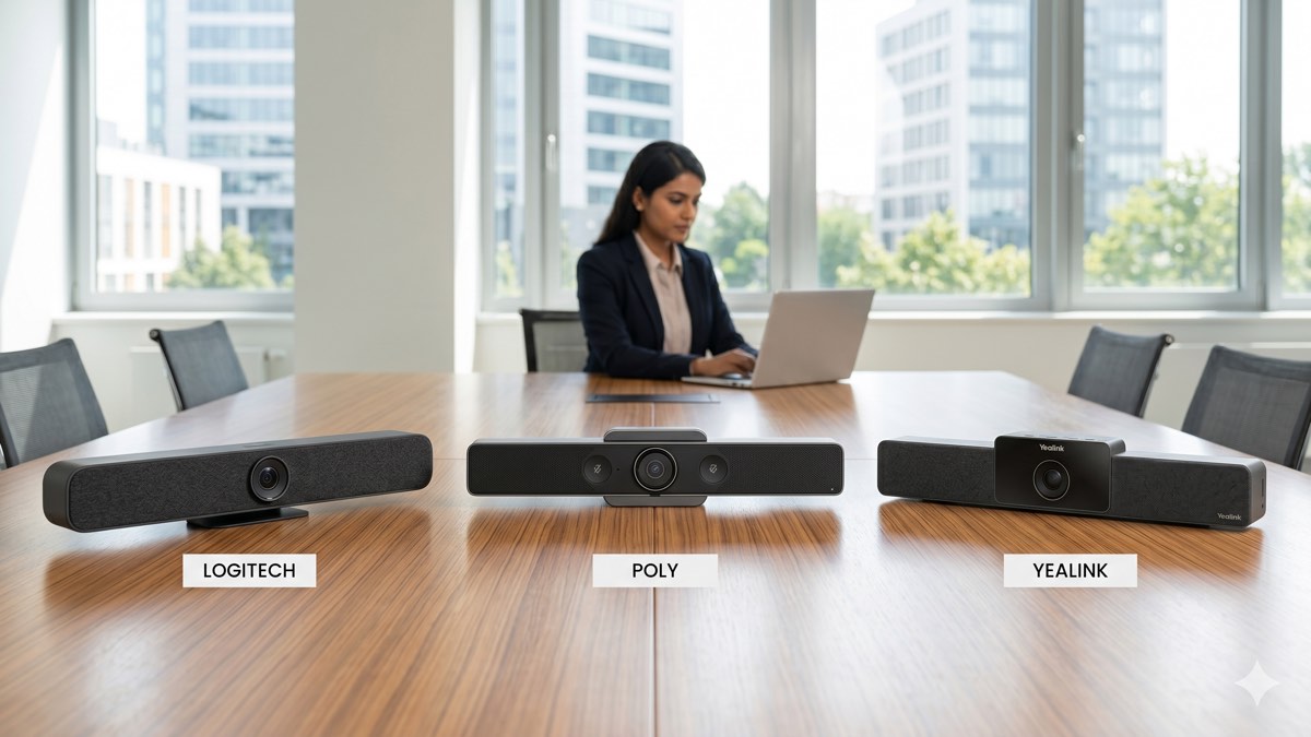 Logitech Rally Bar, Poly Studio X50, and Yealink MeetingBar A20 side-by-side comparison for Indian SMB video conferencing