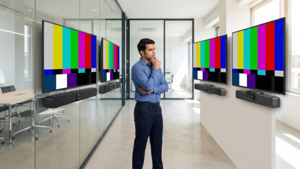 Logitech vs Poly video conferencing comparison — three popular video bars side by side in an Indian SMB meeting room