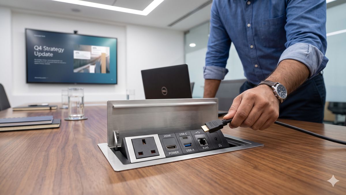 Conference table cable cubby — Indian professional plugging an HDMI cable into a flip-top cable cubby with clearly labelled Power, HDMI, USB-C, USB-A, RJ45 network, and audio jack ports installed in a Bangalore boardroom conference table