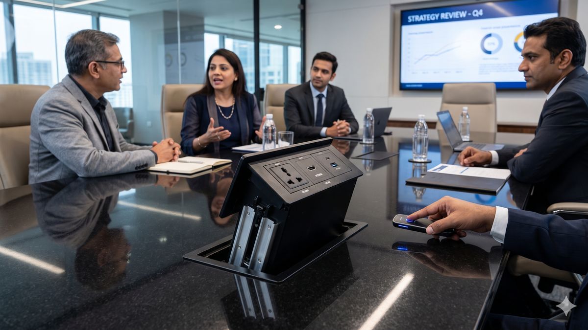 Motorised pop-up box — Indian executives in a premium Bangalore boardroom with a motorised pop-up cable box rising mid-meeting from the polished stone conference table during a Q4 strategy review