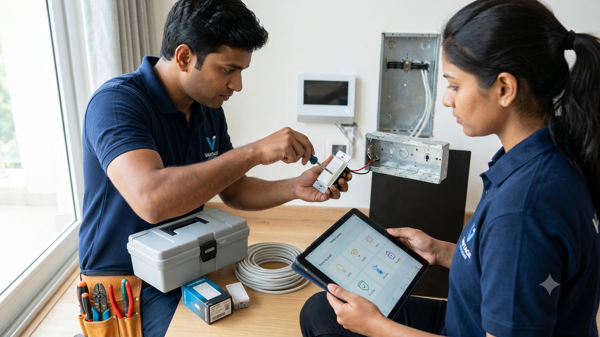 Home automation installation in Bangalore — Vantage Systems Indian technicians installing a smart dimmer switch with toolbox, cabling, and smart home app on tablet
