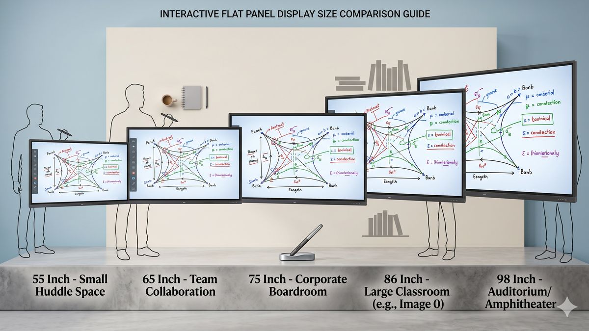 Interactive flat panel display size comparison guide — 55, 65, 75, 86, and 98 inch IFPDs shown side by side with human silhouettes for scale, mapped to small huddle space, team collaboration, corporate boardroom, large classroom, and auditorium use cases