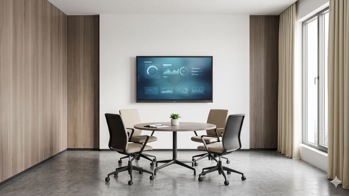 Interactive flat panel display size for a Bangalore corporate huddle room — 65-inch IFPD mounted on the wall above a round 4-seater meeting table, showing the proportional sizing for small team collaboration spaces