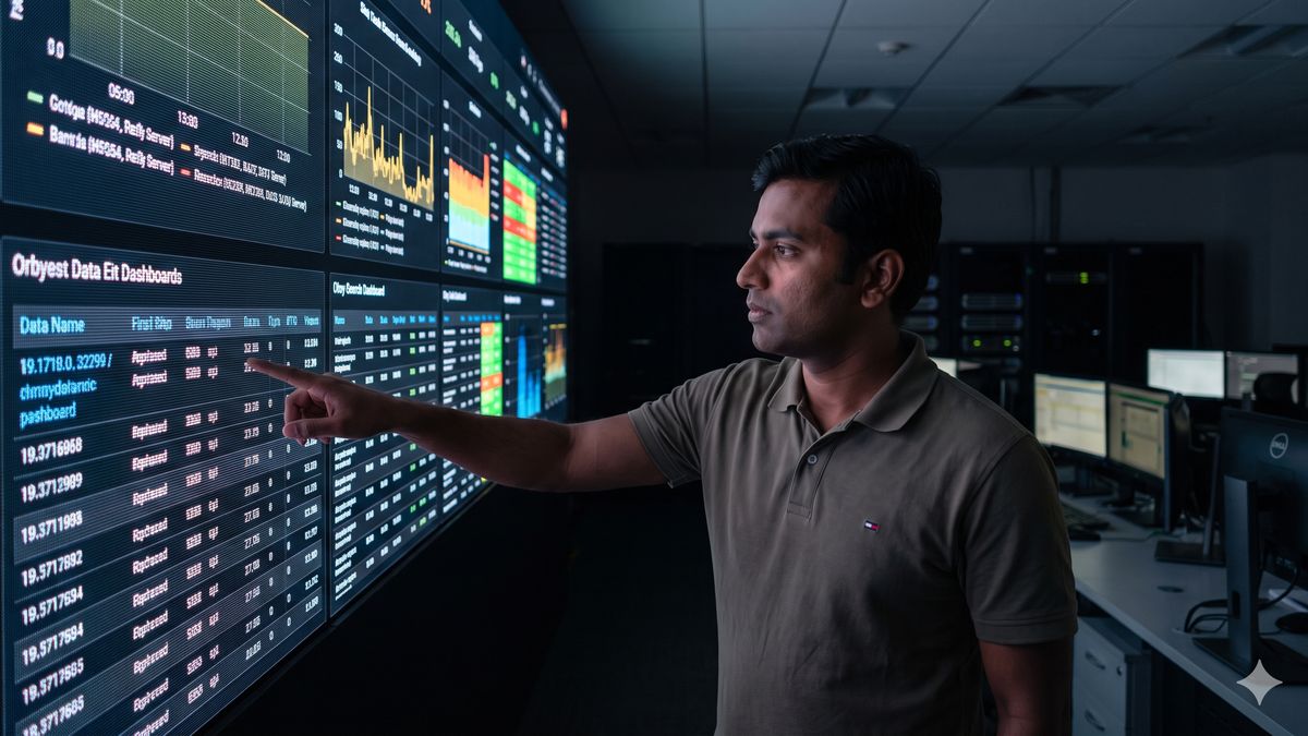 LED video wall pixel pitch — Indian NOC engineer pointing at a fine-pitch P1.5 LED video wall displaying complex network dashboards close-up in a Bangalore control room, demonstrating sharp imagery at 1-metre viewing distance
