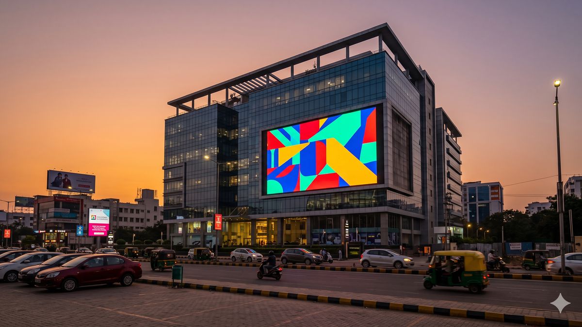 LED video wall pixel pitch — large outdoor P10 LED video wall on a Bangalore commercial building façade at dusk, displaying vibrant brand content visible from 20-25 metre distance across the road