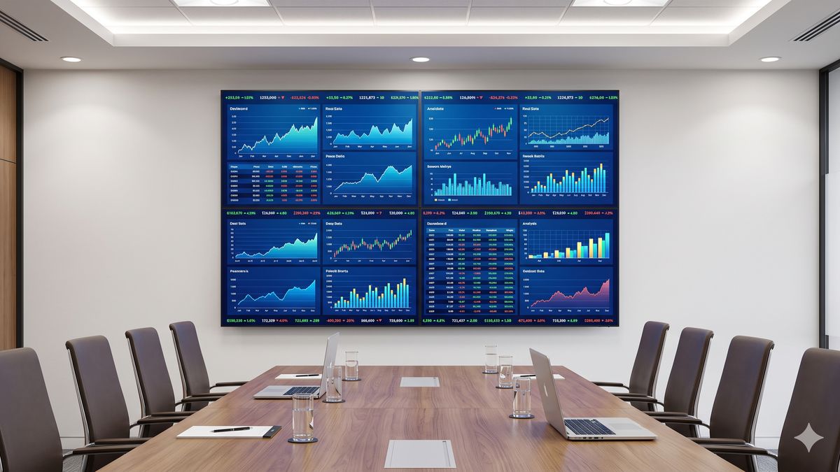 LED video wall vs LCD video wall comparison — 2x2 tiled LCD video wall in a Bangalore corporate conference room displaying multi-panel financial dashboards with subtle bezel lines visible between the four LCD panels