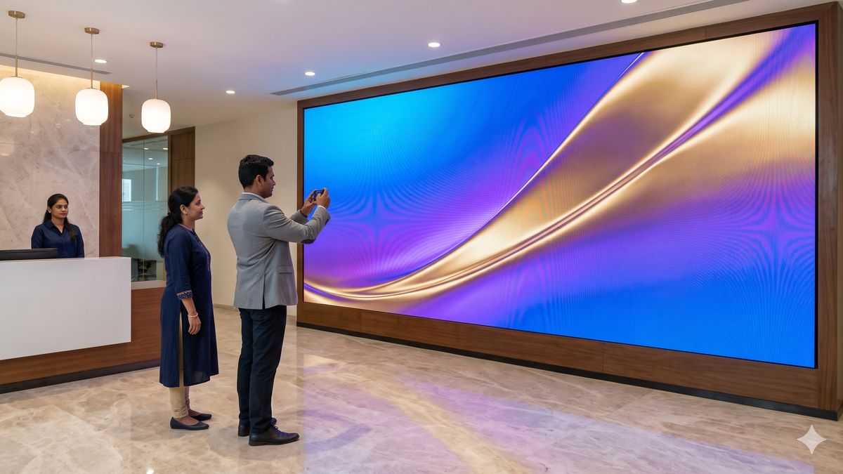 LED video wall vs LCD video wall — seamless premium LED video wall installed in a Bangalore corporate lobby, displaying vibrant brand content with no visible bezels, viewed by Indian professional visitors