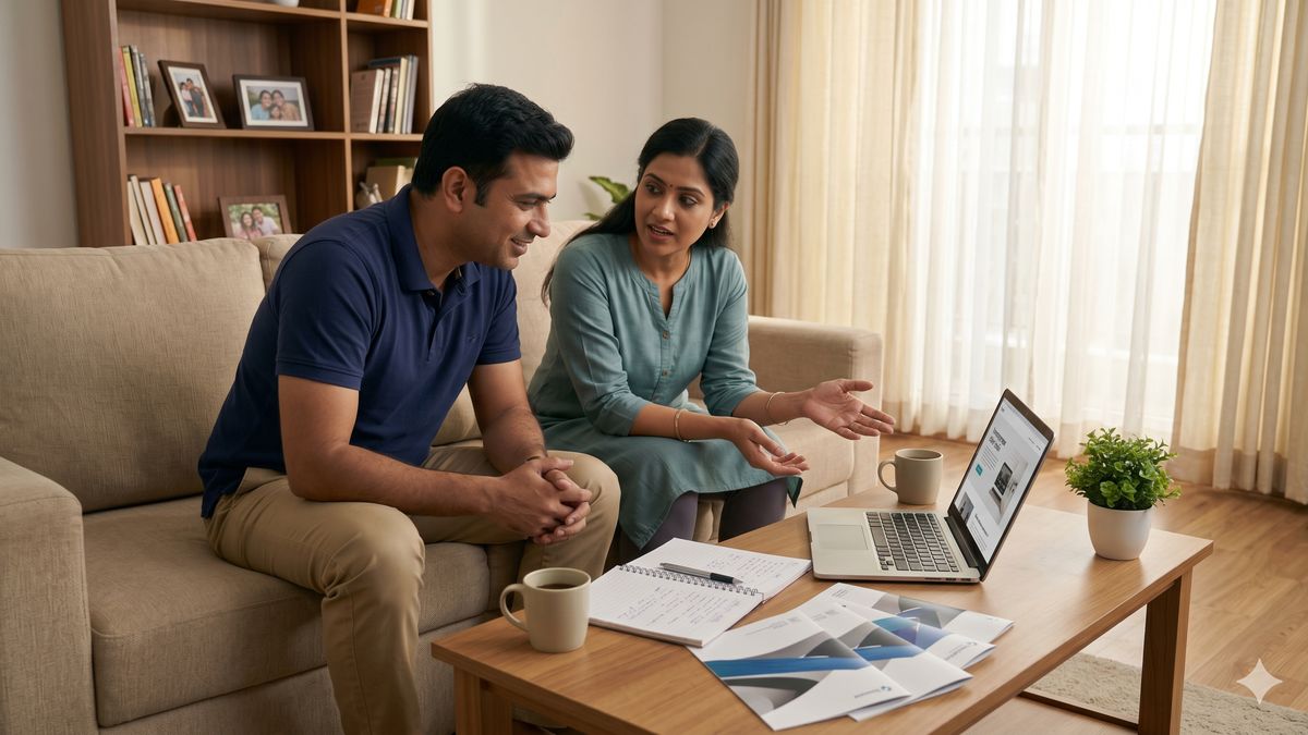 Lutron vs Crestron vs KNX — Indian homeowner couple researching home automation brands on a laptop with brochures and notes in their Bangalore apartment