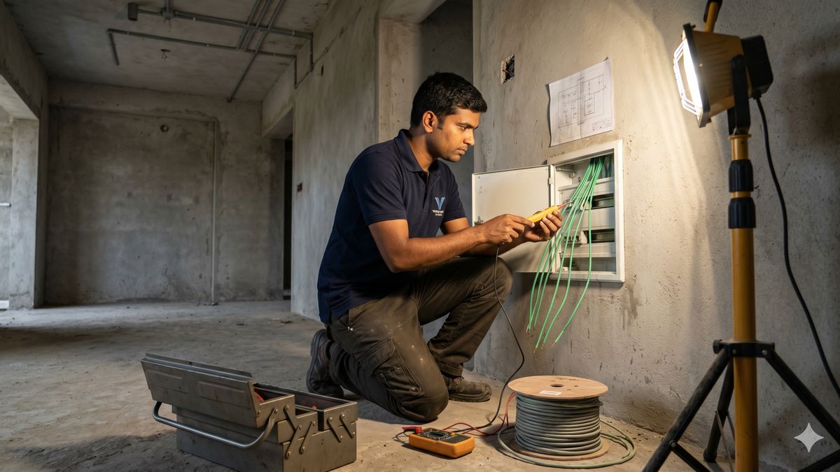 Lutron vs Crestron vs KNX — Vantage Systems Indian installer commissioning a KNX bus distribution box during home automation installation in a Bangalore villa