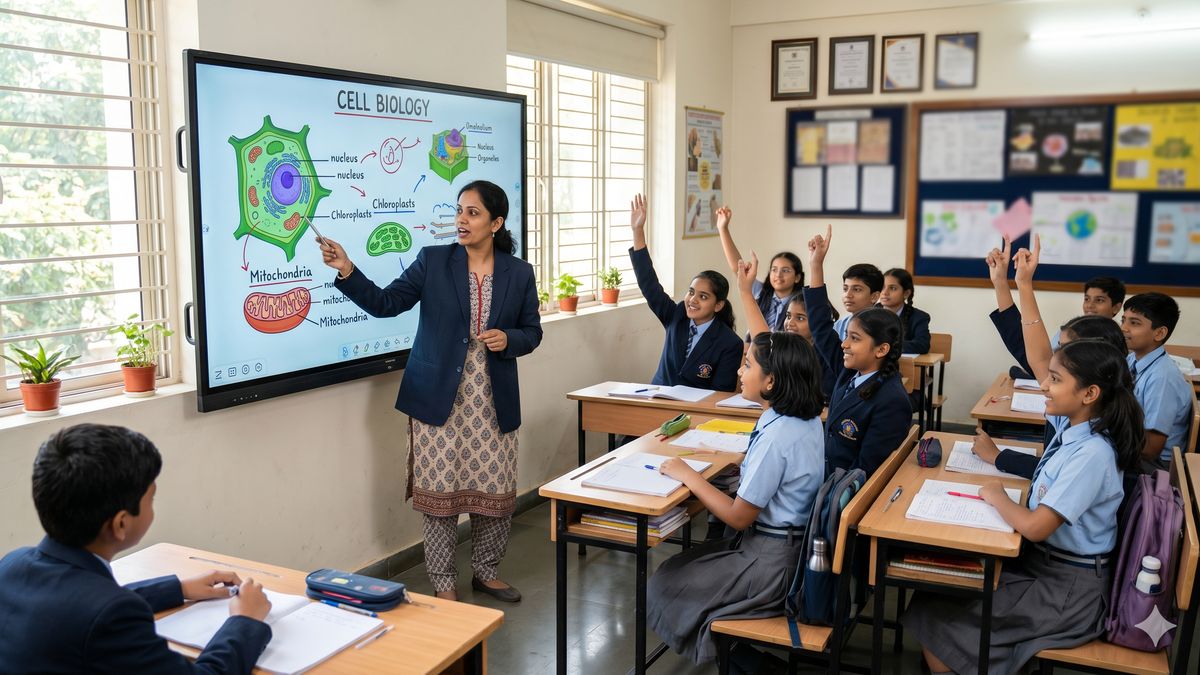 Samsung Flip vs LG CreateBoard vs BenQ Board — Indian female teacher annotating a Cell Biology lesson on a 75-inch interactive flat panel display in a Bangalore K-12 school classroom with engaged students