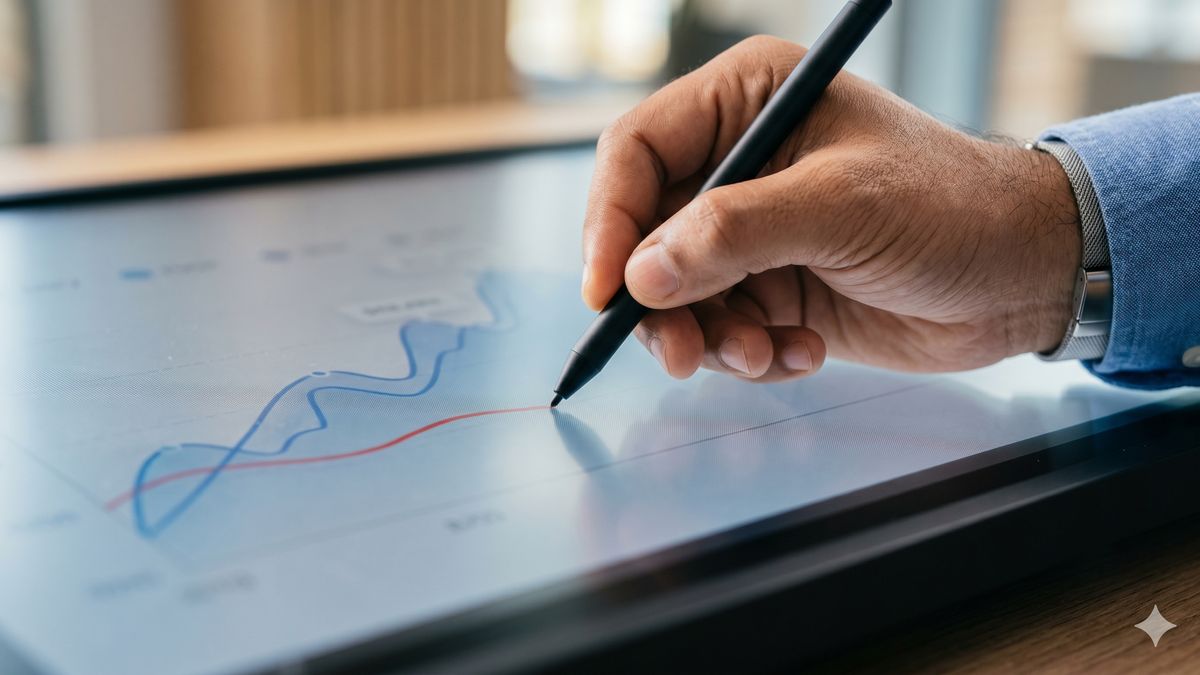 Samsung Flip vs LG CreateBoard vs BenQ Board — close-up of an Indian professional using a stylus pen to annotate a business performance line chart on a premium interactive flat panel display screen