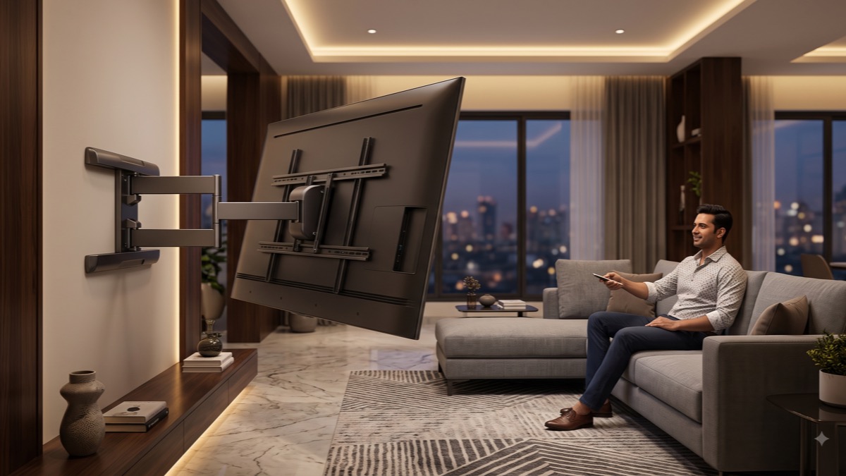 Motorized swing TV wall mount extending a large TV in a premium Bangalore living room, operated by remote