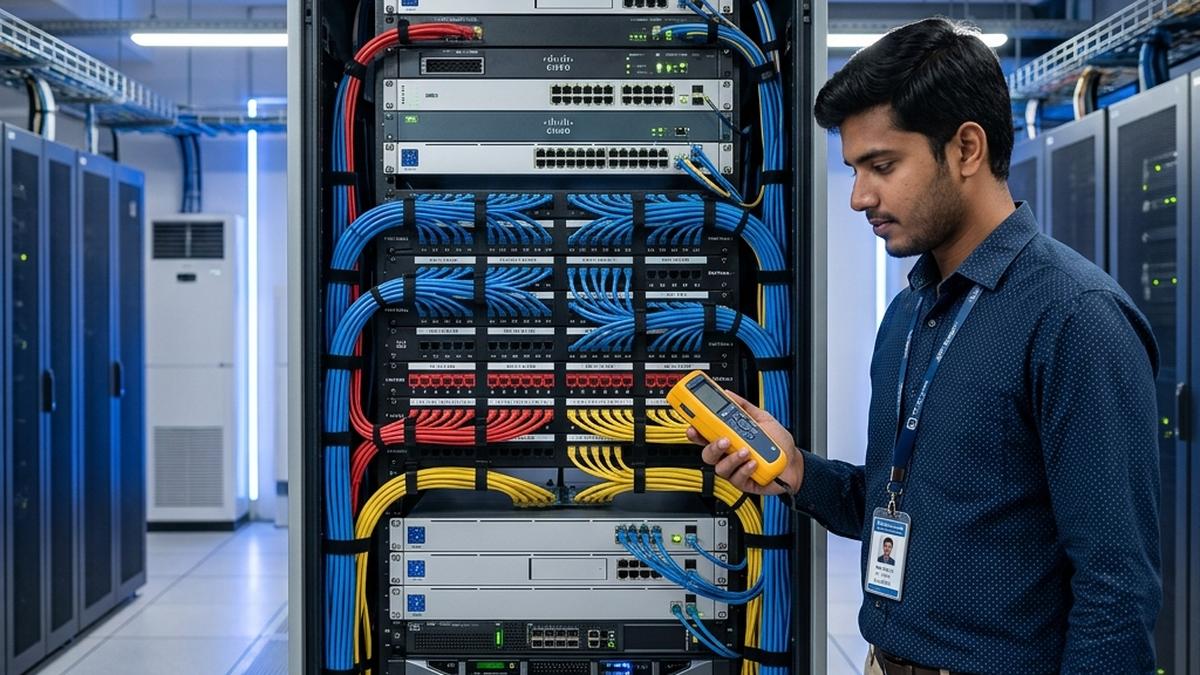 Server rack cable management following TIA-606-C best practices in a Bangalore data centre