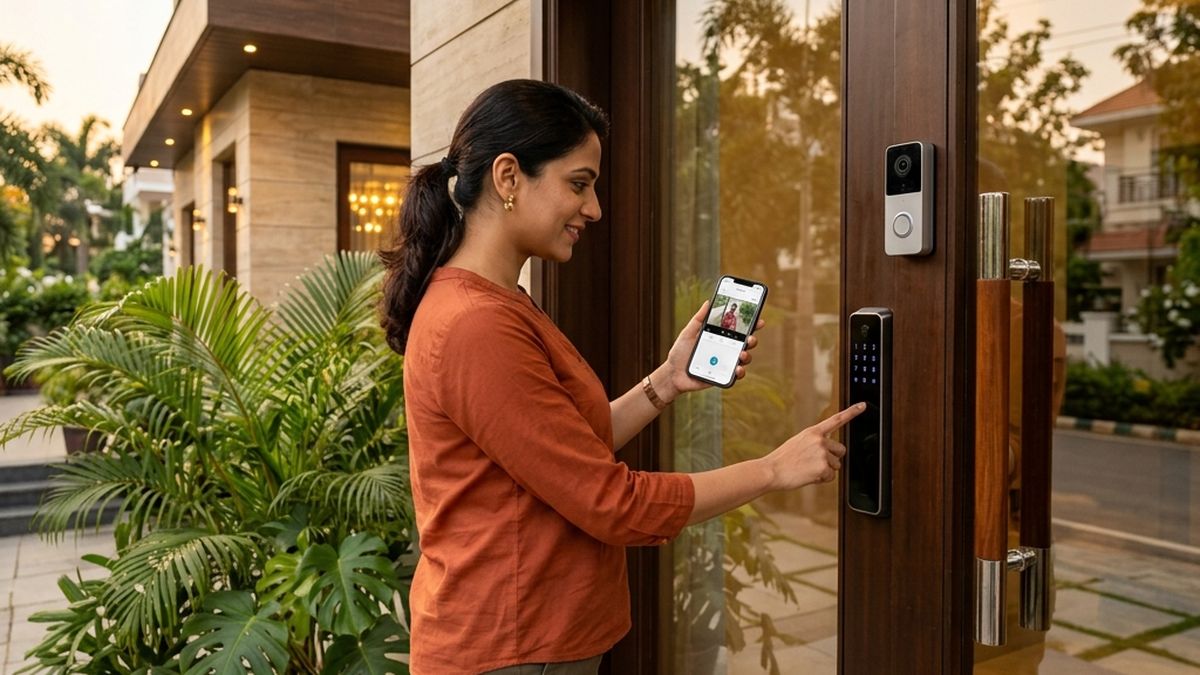 Smart home security setup with IP cameras, smart locks and sensors in a Bangalore home
