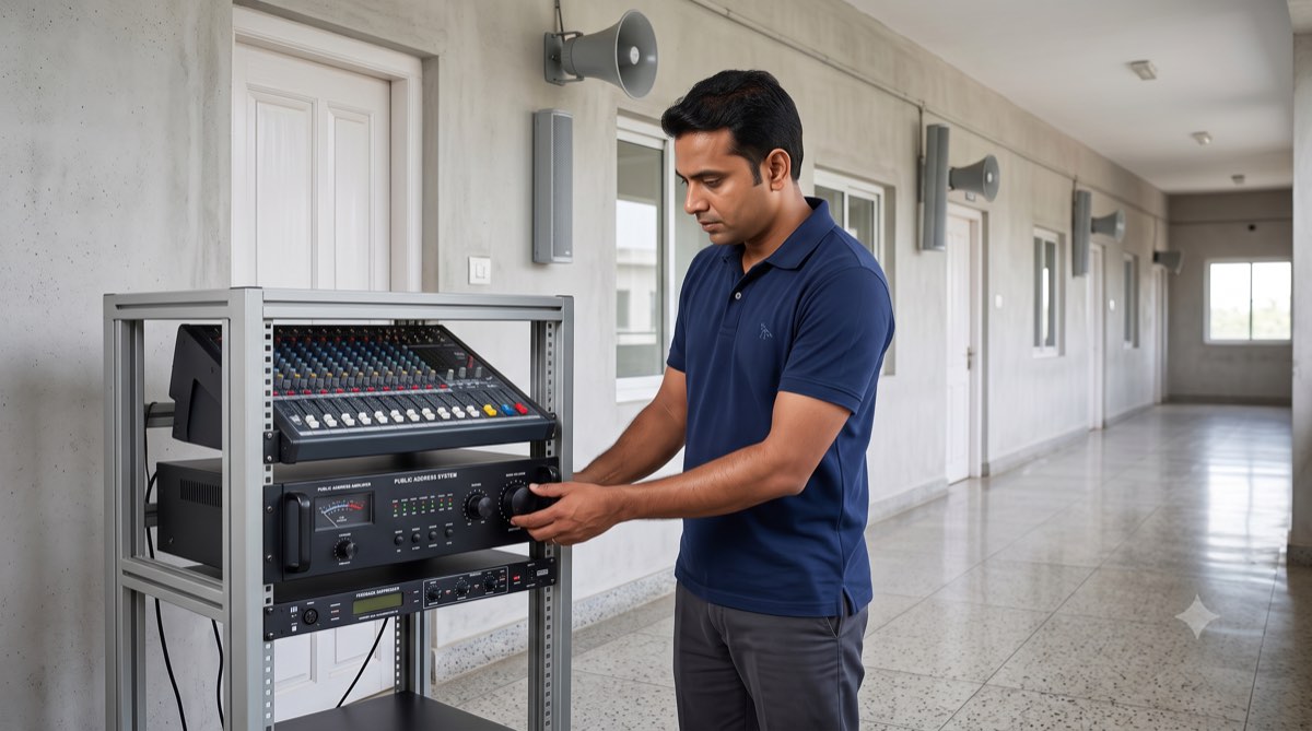 PA system amplifier rack and wall speakers in an Indian institution — Ahuja vs Bosch vs TOA