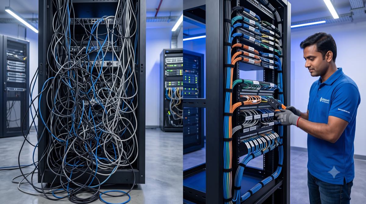 Office cable management: a tangled server rack beside a clean, labelled structured-cabling rack