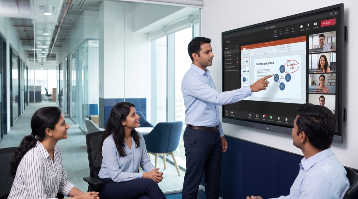 Interactive flat panel running a Microsoft Teams video call in a Bangalore meeting room
