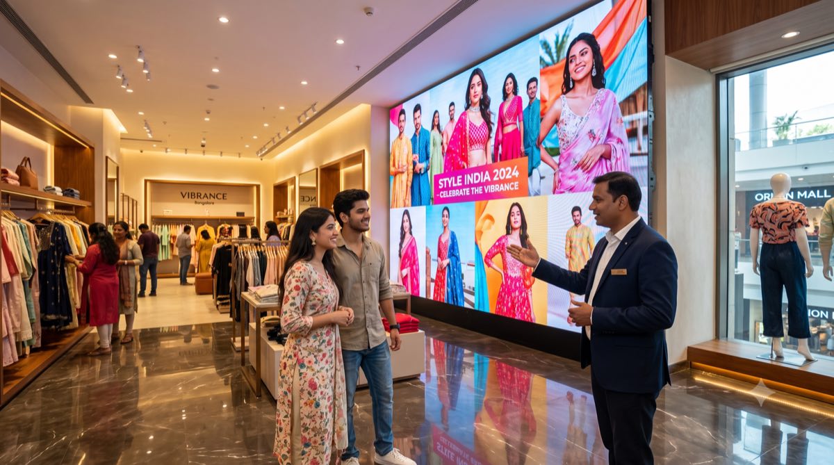 LED video wall for retail displaying a fashion campaign in a premium Bangalore store with shoppers